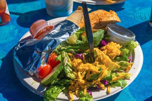 A plate of salad with shredded cheese, cherry tomatoes, cucumbers, a wrapped item, and a side of dressing.