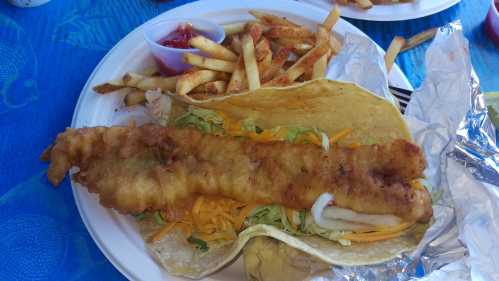 A plate featuring a fish taco with lettuce, cheese, and a long fried fish fillet, accompanied by French fries and dipping sauce.