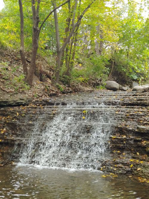 A serene waterfall cascades over rocky steps, surrounded by lush green trees and autumn leaves.