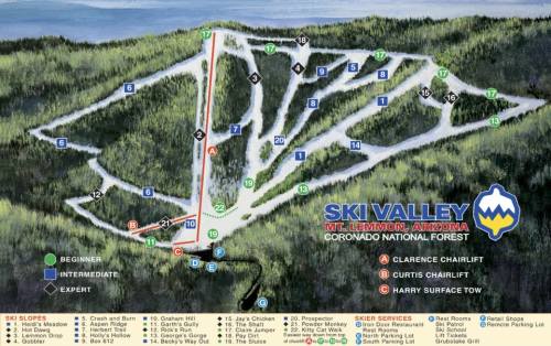 Ski Valley trail map featuring slopes for beginners, intermediates, and experts in Mt. Lemmon, Arizona.