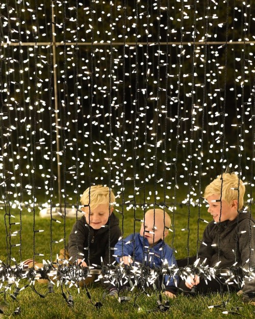 Three children play together behind a curtain of twinkling lights, smiling and enjoying the festive atmosphere.