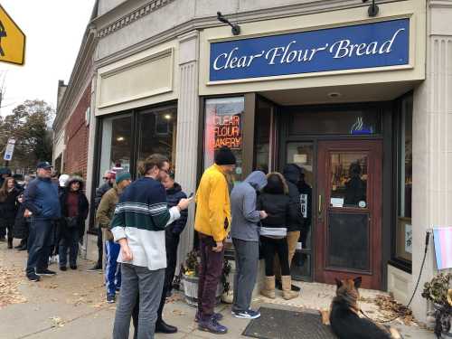 A line of people waiting outside Clear Flour Bread bakery on a chilly day, with a dog nearby.