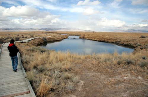 A person walks along a wooden path beside a calm pond, surrounded by tall grass and distant mountains under a cloudy sky.