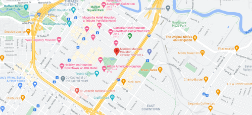 Map of downtown Houston, highlighting hotels, parks, and major streets in the area.