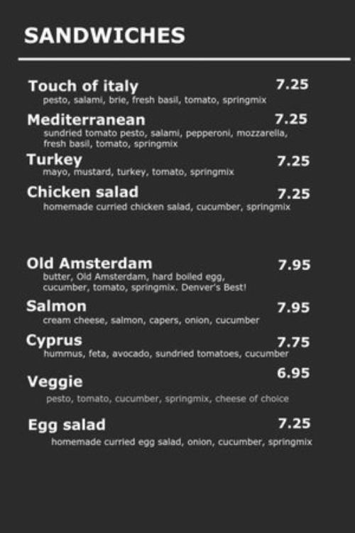 Menu of sandwiches with prices, including options like Turkey, Chicken Salad, and Mediterranean, all listed with ingredients.