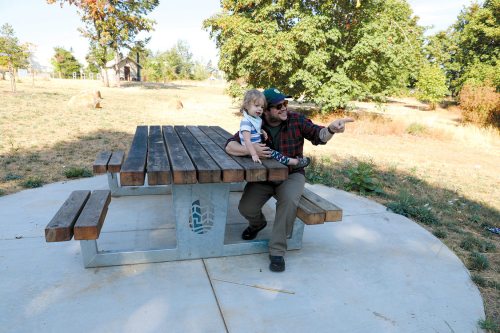A man sits on a picnic table with a child, pointing at something in a grassy park surrounded by trees.