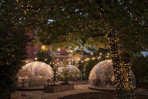 Cozy outdoor dining area with illuminated geodesic domes and string lights under a tree at dusk.