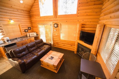 Cozy log cabin interior with a leather sofa, wooden furniture, and large windows letting in natural light.