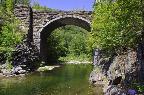A stone arch bridge spans a calm river, surrounded by lush greenery and rocky banks under a clear blue sky.
