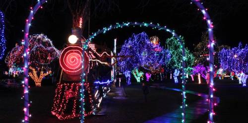 Colorful holiday lights illuminate trees and a train in a festive nighttime display.