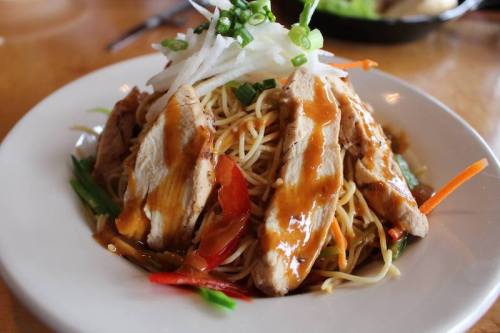 A plate of chicken lo mein topped with sliced green onions and drizzled with sauce, surrounded by colorful vegetables.