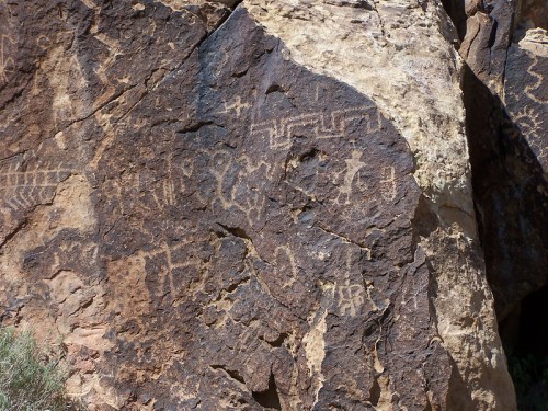 Petroglyphs carved into a rocky surface, depicting various abstract shapes and figures.