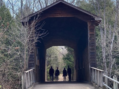 Silhouettes of four people walking through a covered bridge surrounded by trees.