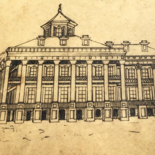 Line drawing of a grand building with a prominent roof and detailed columns, set against a textured background.
