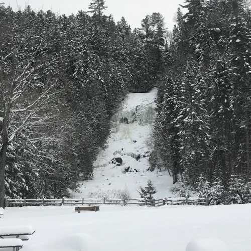 A snowy landscape featuring a frozen waterfall surrounded by tall evergreen trees and a wooden fence.