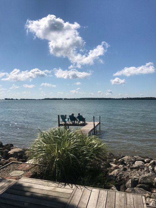 Two people sit on a dock by the water, surrounded by greenery and under a blue sky with fluffy clouds.