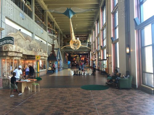 Interior view of a spacious atrium with a large hanging whale model, shops, and people engaging in various activities.