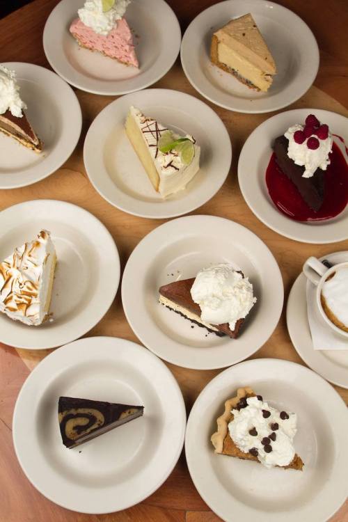 A variety of dessert slices on white plates, including cakes with whipped cream, chocolate, and fruit toppings.