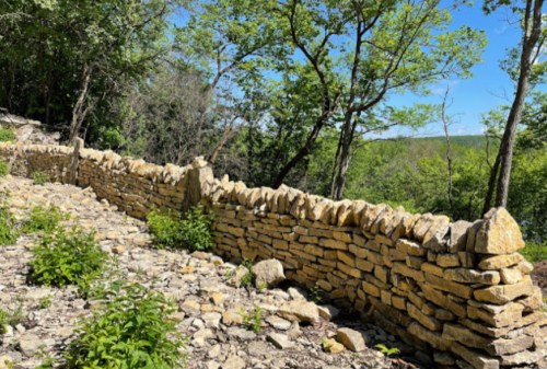 A stone wall winds through a wooded area, surrounded by greenery and trees under a clear blue sky.
