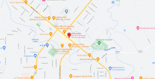 Map showing a street layout with various restaurants and businesses, including Rathskeller and McDonald's.