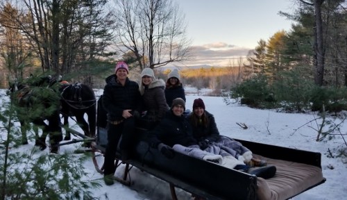 A group of five people bundled in winter clothing sit in a horse-drawn sleigh on a snowy landscape with trees.