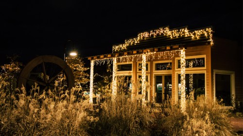 A warmly lit building adorned with string lights, surrounded by tall grass, set against a dark night sky.