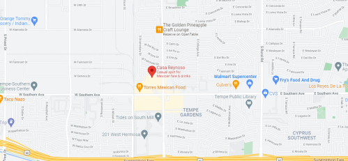 Map showing the location of Casa Reynoso, a casual Mexican restaurant, near Tempe, Arizona.