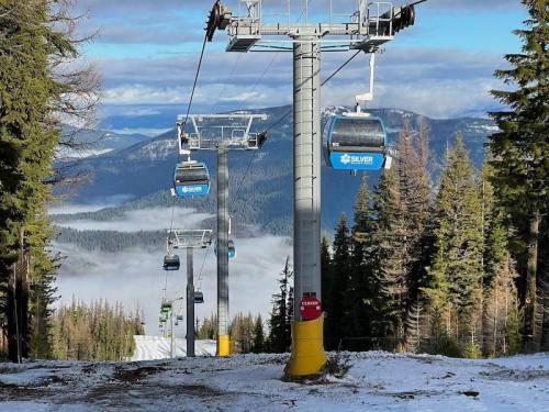 A ski lift with gondolas ascends through snowy terrain, surrounded by tall trees and misty mountains in the background.