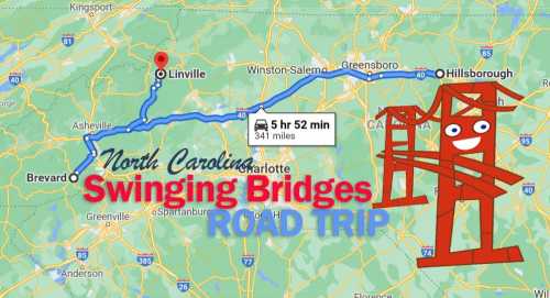 Map of North Carolina highlighting a road trip route from Brevard to Hillsborough, featuring swinging bridges.