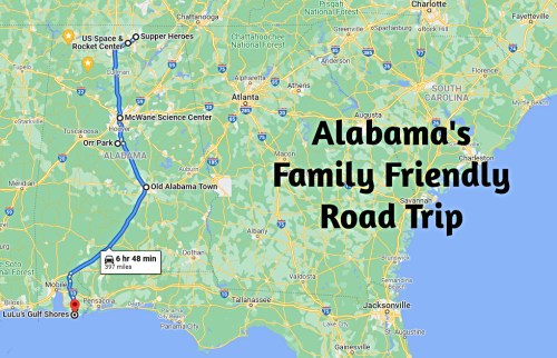 Map showing a route for Alabama's family-friendly road trip, highlighting key destinations and travel time.