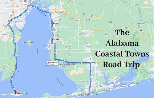 Map of the Alabama Coastal Towns Road Trip, highlighting routes to various coastal destinations.