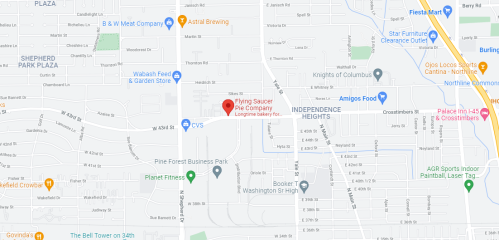 Map showing the location of Flying Saucer Pie Company near Independence Heights, with nearby businesses and streets.