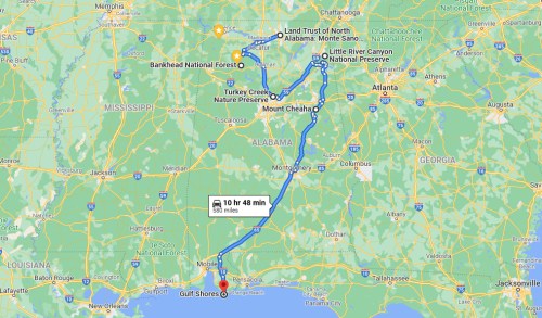 Map showing a route from Gulf Shores, Alabama, through various parks, ending at Mount Cheaha, covering 580 miles.