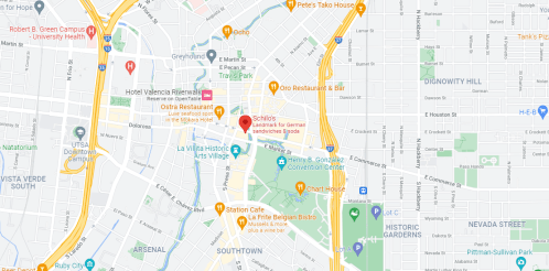 Map showing the location of Schilo's Delicatessen in San Antonio, Texas, near various landmarks and streets.