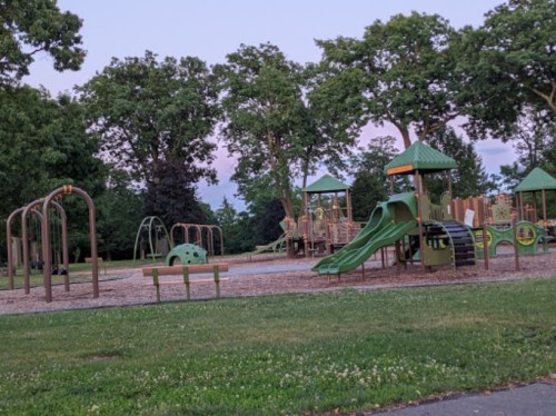 A playground with green equipment, slides, swings, and climbing structures, surrounded by trees at dusk.