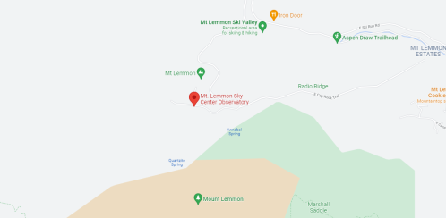 Map showing the location of Mt. Lemmon Sky Center Observatory and nearby trails in the Mt. Lemmon area.