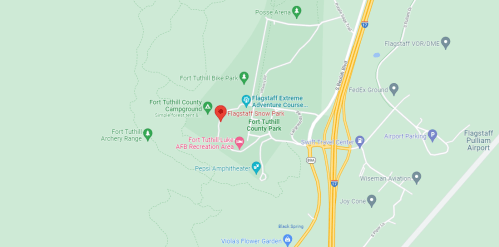 Map showing Fort Tuthill County Park and nearby attractions in Flagstaff, Arizona, including campgrounds and recreational areas.