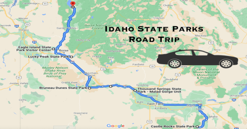 Map of Idaho highlighting a road trip route to various state parks, with a car icon and key locations marked.