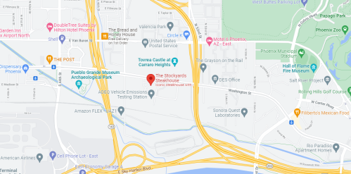 Map showing the location of The Stockyards Steakhouse near Phoenix, Arizona, with nearby roads and landmarks.