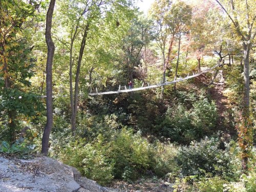 A person walks across a suspension bridge surrounded by colorful autumn trees and lush greenery.