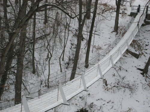 A snowy landscape featuring a long, white suspension bridge surrounded by bare trees.