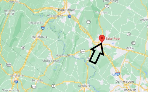 Map showing a location marked "Take Root" near Hagerstown, Maryland, with an arrow pointing to it.