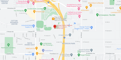 Map showing Tempe Diablo Stadium and surrounding areas, including roads, businesses, and parks.