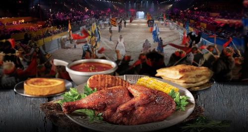 A feast featuring roasted chicken, corn, and bread, set against a medieval-themed arena with knights and banners.