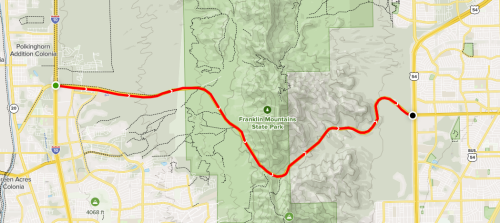 Map showing a route highlighted in red through Franklin Mountain State Park, with surrounding green areas and roads.