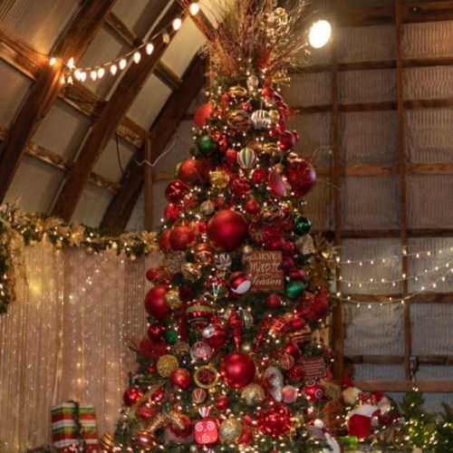 A beautifully decorated Christmas tree with red, green, and gold ornaments, set in a cozy, festive indoor space.