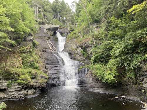 A serene waterfall cascading down rocky cliffs, surrounded by lush green trees and a calm pool at the base.