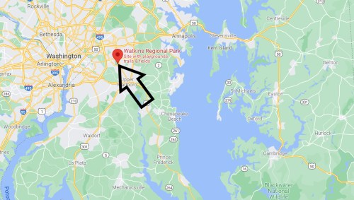 Map showing the location of Watkins Regional Park near Washington, D.C., with a highlighted arrow pointing to it.