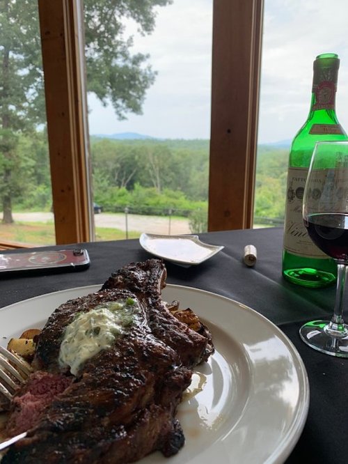 A plate with a grilled steak topped with sauce, accompanied by wine and a scenic view of mountains through large windows.