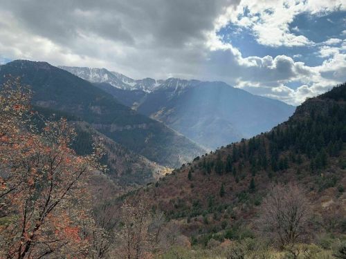 A scenic mountain landscape with valleys, trees, and a cloudy sky, showcasing distant snow-capped peaks.
